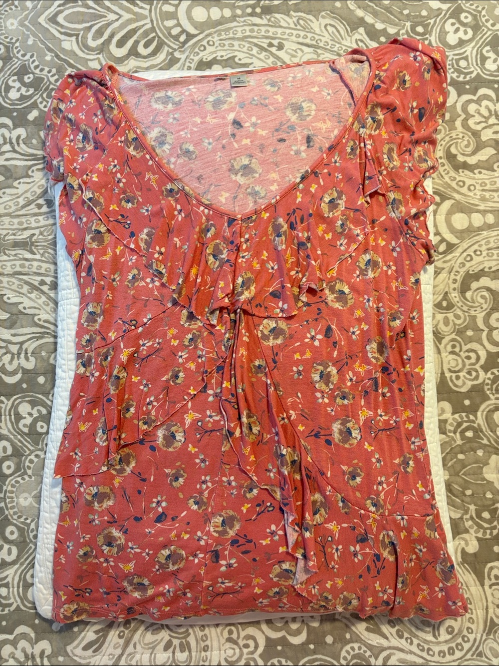 Floral Ruffle V-Neck Blouse in Coral